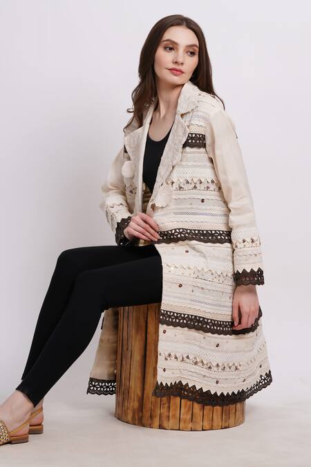 Sonali Gupta_Ivory Cotton Embroidery Round Neck Floral Lace Jacket _at_Aza_Fashions