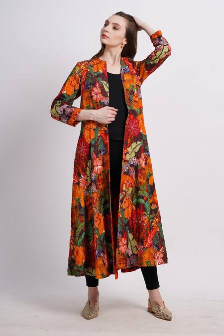 Buy_Sonali Gupta_Multi Color Silk, Viscose Embroidery Open Neck Animal Print Jacket _Online_at_Aza_Fashions