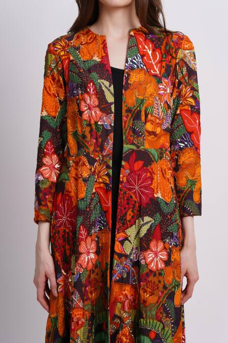 Shop_Sonali Gupta_Multi Color Silk, Viscose Embroidery Open Neck Animal Print Jacket _Online_at_Aza_Fashions