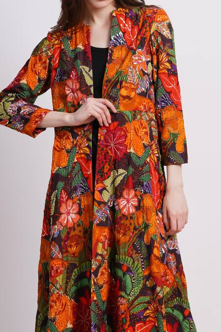 Sonali Gupta_Multi Color Silk, Viscose Embroidery Open Neck Animal Print Jacket _at_Aza_Fashions