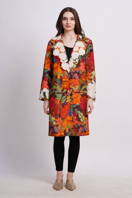 Sonali Gupta_Multi Color Silk, Viscose Embroidery V-neck Animal Print Jacket With Floral _Online_at_Aza_Fashions