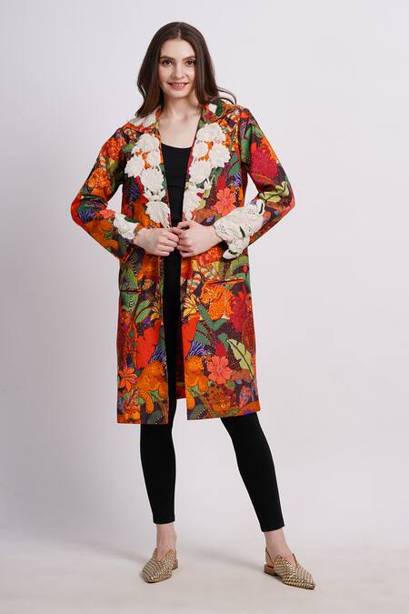 Buy_Sonali Gupta_Multi Color Silk, Viscose Embroidery V-neck Animal Print Jacket With Floral _Online_at_Aza_Fashions