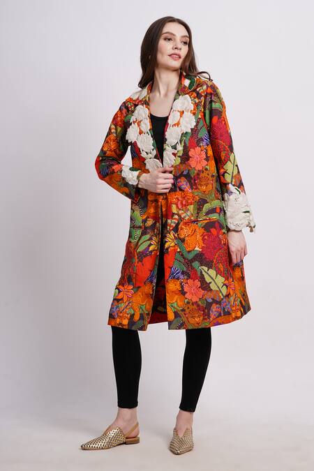 Shop_Sonali Gupta_Multi Color Silk, Viscose Embroidery V-neck Animal Print Jacket With Floral _Online_at_Aza_Fashions
