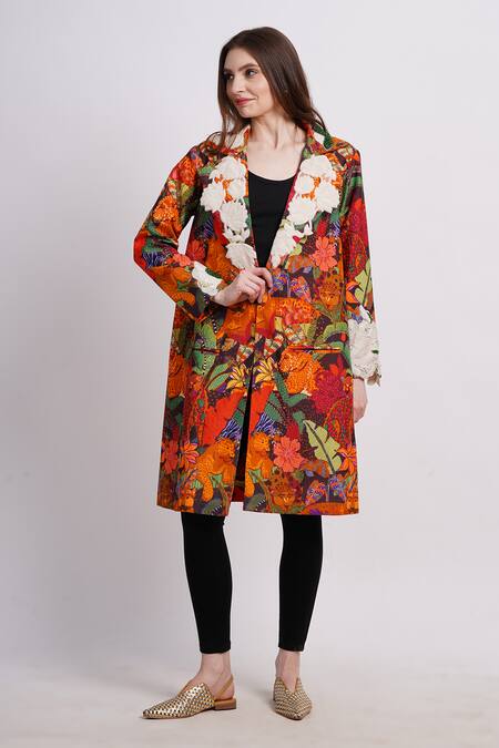 Sonali Gupta_Multi Color Silk, Viscose Embroidery V-neck Animal Print Jacket With Floral _at_Aza_Fashions