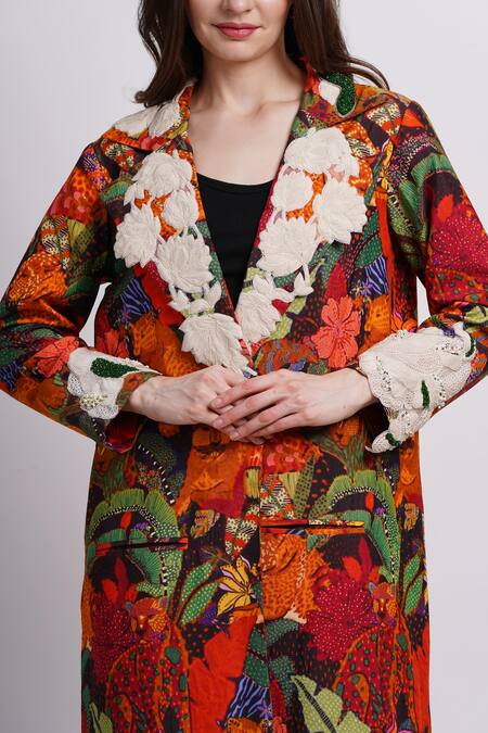 Buy_Sonali Gupta_Multi Color Silk, Viscose Embroidery V-neck Animal Print Jacket With Floral 