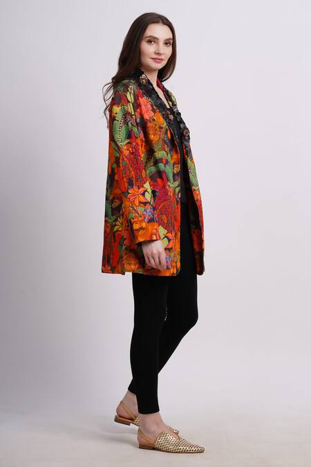 Sonali Gupta_Multi Color Silk, Viscose Embroidery Open Neck Abstract Animal Print Jacket _Online_at_Aza_Fashions