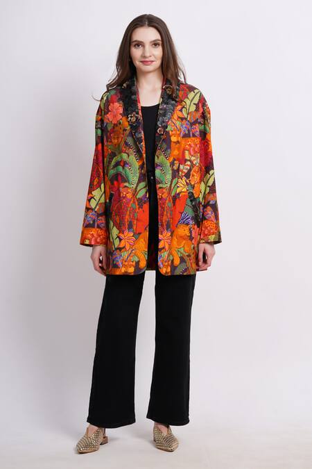 Buy_Sonali Gupta_Multi Color Silk, Viscose Embroidery Open Neck Abstract Animal Print Jacket _Online_at_Aza_Fashions