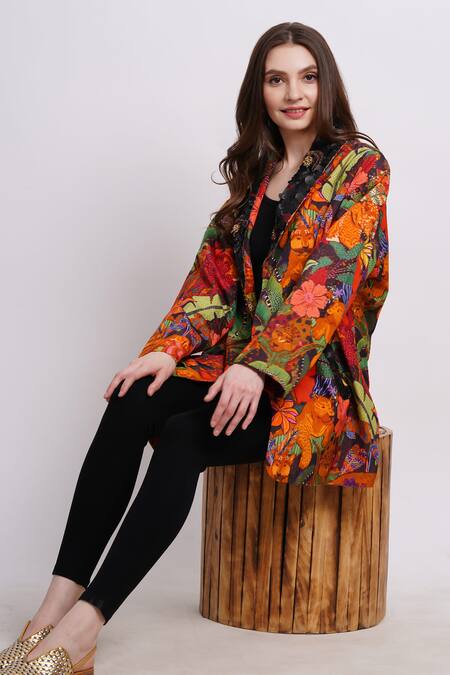 Shop_Sonali Gupta_Multi Color Silk, Viscose Embroidery Open Neck Abstract Animal Print Jacket _Online_at_Aza_Fashions