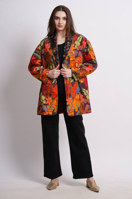 Sonali Gupta_Multi Color Silk, Viscose Embroidery Open Neck Abstract Animal Print Jacket _at_Aza_Fashions