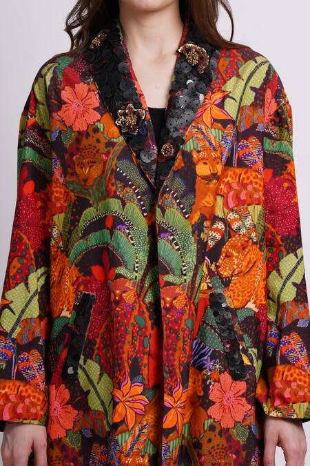 Buy_Sonali Gupta_Multi Color Silk, Viscose Embroidery Open Neck Abstract Animal Print Jacket 