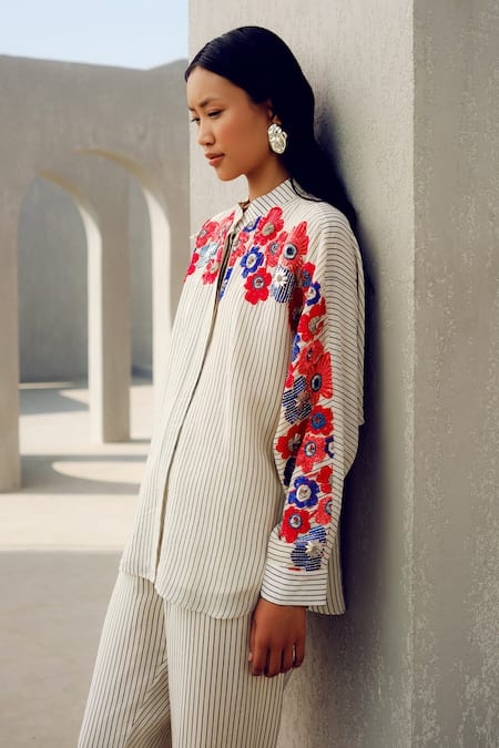 Shop Pooja Rajgarhia Gupta Off White Crepe Embroidery Collared Floral Striped Shirt Online at Aza Fashions Shop_Pooja Rajgarhia Gupta_Off White Crepe Embroidery Collared Floral Striped Shirt _Online_at_Aza_Fashions