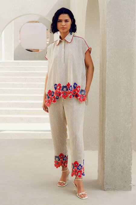 Buy Pooja Rajgarhia Gupta Off White Crepe Embroidery Collared Striped Floral Shirt Online at Aza Fashions Buy_Pooja Rajgarhia Gupta_Off White Crepe Embroidery Collared Striped Floral Shirt _Online_at_Aza_Fashions