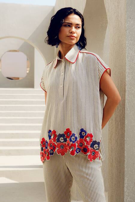 Shop Pooja Rajgarhia Gupta Off White Crepe Embroidery Collared Striped Floral Shirt Online at Aza Fashions Shop_Pooja Rajgarhia Gupta_Off White Crepe Embroidery Collared Striped Floral Shirt _Online_at_Aza_Fashions