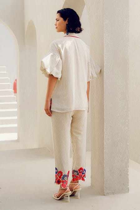 Shop Pooja Rajgarhia Gupta Off White Crepe Embroidery Collared Striped Designer Shirt at Aza Fashions Shop_Pooja Rajgarhia Gupta_Off White Crepe Embroidery Collared Striped Designer Shirt _at_Aza_Fashions