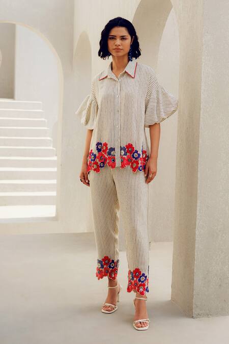 Pooja Rajgarhia Gupta Off White Crepe Embroidery Collared Striped Designer Shirt Online at Aza Fashions Pooja Rajgarhia Gupta_Off White Crepe Embroidery Collared Striped Designer Shirt _Online_at_Aza_Fashions