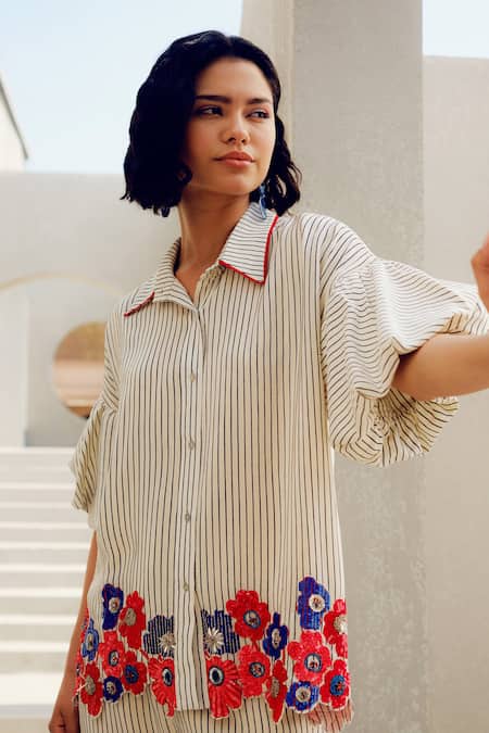 Buy Pooja Rajgarhia Gupta Off White Crepe Embroidery Collared Striped Designer Shirt Online at Aza Fashions Buy_Pooja Rajgarhia Gupta_Off White Crepe Embroidery Collared Striped Designer Shirt _Online_at_Aza_Fashions