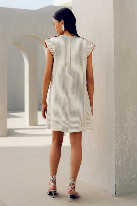 Pooja Rajgarhia Gupta Off White Crepe Embroidery Collared Floral Striped Dress Online at Aza Fashions Pooja Rajgarhia Gupta_Off White Crepe Embroidery Collared Floral Striped Dress _Online_at_Aza_Fashions
