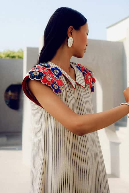 Shop Pooja Rajgarhia Gupta Off White Crepe Embroidery Collared Floral Striped Dress Online at Aza Fashions Shop_Pooja Rajgarhia Gupta_Off White Crepe Embroidery Collared Floral Striped Dress _Online_at_Aza_Fashions