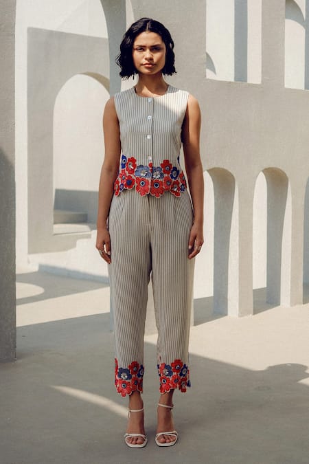 Shop_Pooja Rajgarhia Gupta_Off White Crepe Embroidery Round Neck Floral Pant Set _Online_at_Aza_Fashions