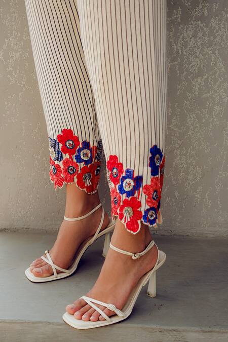 Shop_Pooja Rajgarhia Gupta_Off White Crepe Embroidery Striped Pant _Online_at_Aza_Fashions
