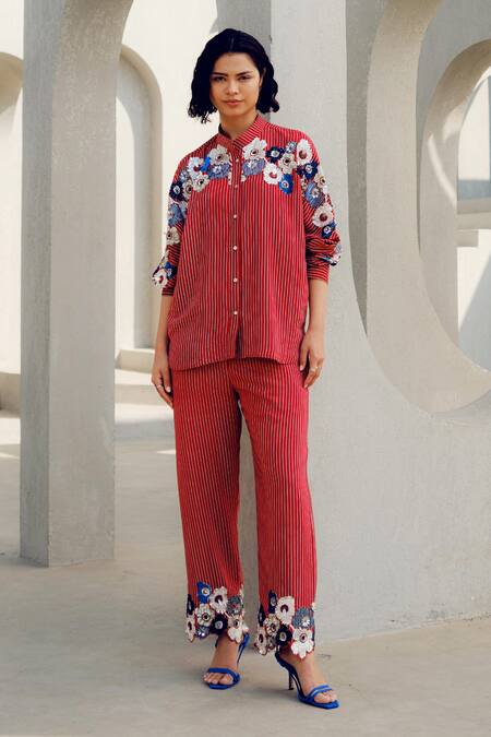 Buy Pooja Rajgarhia Gupta Red Crepe Embroidery Collared Floral Shirt Online at Aza Fashions Buy_Pooja Rajgarhia Gupta_Red Crepe Embroidery Collared Floral Shirt _Online_at_Aza_Fashions