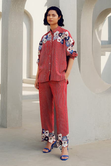 Shop Pooja Rajgarhia Gupta Red Crepe Embroidery Collared Floral Shirt Online at Aza Fashions Shop_Pooja Rajgarhia Gupta_Red Crepe Embroidery Collared Floral Shirt _Online_at_Aza_Fashions