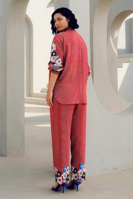 Pooja Rajgarhia Gupta Red Crepe Embroidery Collared Floral Shirt Online at Aza Fashions Pooja Rajgarhia Gupta_Red Crepe Embroidery Collared Floral Shirt _Online_at_Aza_Fashions