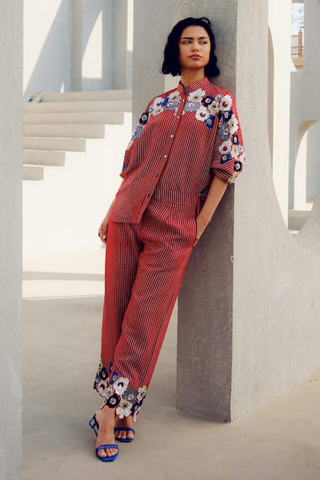 Pooja Rajgarhia Gupta Red Crepe Embroidery Collared Floral Shirt at Aza Fashions Pooja Rajgarhia Gupta_Red Crepe Embroidery Collared Floral Shirt _at_Aza_Fashions