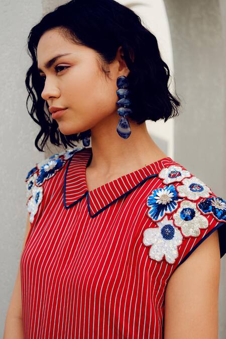 Buy Pooja Rajgarhia Gupta Red Crepe Embroidery Collared Striped Dress Online at Aza Fashions Buy_Pooja Rajgarhia Gupta_Red Crepe Embroidery Collared Striped Dress _Online_at_Aza_Fashions