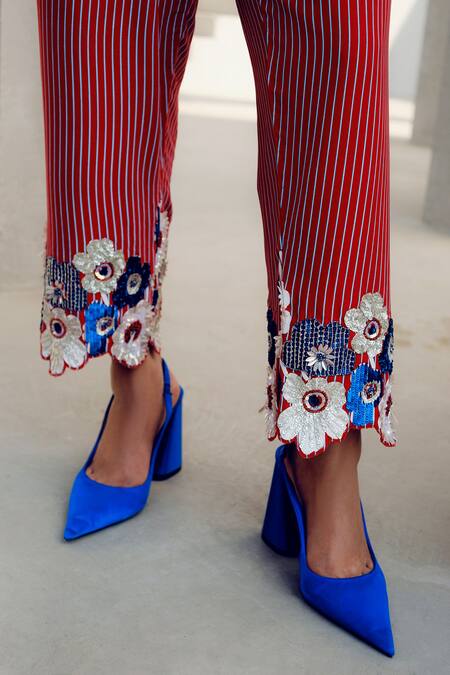 Pooja Rajgarhia Gupta Red Crepe Embroidery Round Neck Striped Floral Waistcoat And Pant Set Online at Aza Fashions Pooja Rajgarhia Gupta_Red Crepe Embroidery Round Neck Striped Floral Waistcoat And Pant Set _Online_at_Aza_Fashions