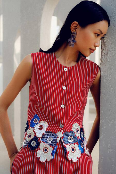 Buy Pooja Rajgarhia Gupta Red Crepe Embroidery Round Neck Striped Floral Waistcoat And Pant Set Online at Aza Fashions Buy_Pooja Rajgarhia Gupta_Red Crepe Embroidery Round Neck Striped Floral Waistcoat And Pant Set _Online_at_Aza_Fashions
