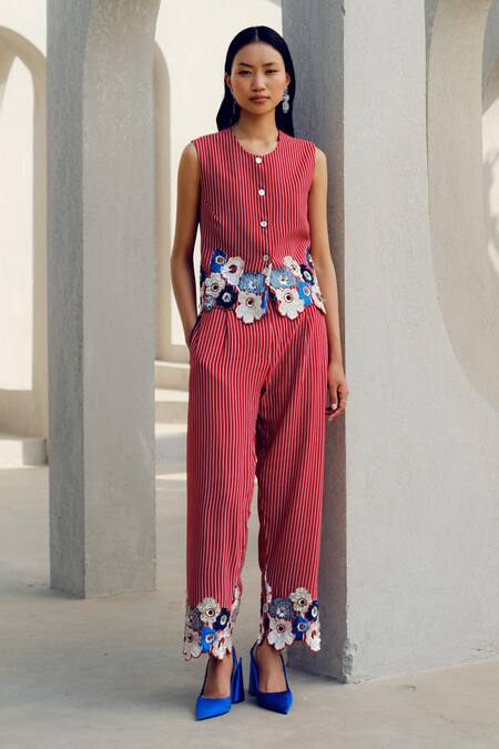 Shop Pooja Rajgarhia Gupta Red Crepe Embroidery Round Neck Striped Floral Waistcoat And Pant Set Online at Aza Fashions Shop_Pooja Rajgarhia Gupta_Red Crepe Embroidery Round Neck Striped Floral Waistcoat And Pant Set _Online_at_Aza_Fashions