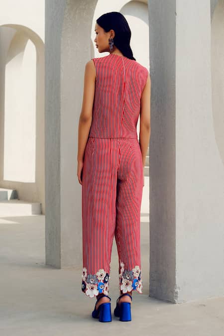 Shop Pooja Rajgarhia Gupta Red Crepe Embroidery Round Neck Striped Floral Waistcoat And Pant Set at Aza Fashions Shop_Pooja Rajgarhia Gupta_Red Crepe Embroidery Round Neck Striped Floral Waistcoat And Pant Set _at_Aza_Fashions