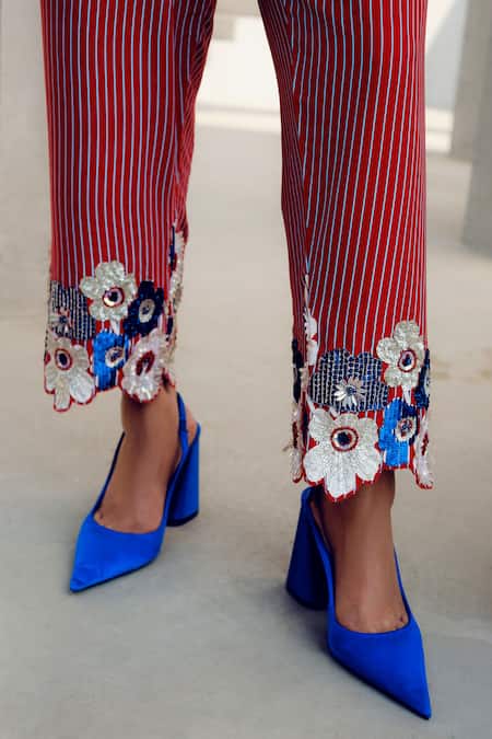 Pooja Rajgarhia Gupta Red Crepe Embroidery Striped Floral Pant Online at Aza Fashions Pooja Rajgarhia Gupta_Red Crepe Embroidery Striped Floral Pant _Online_at_Aza_Fashions