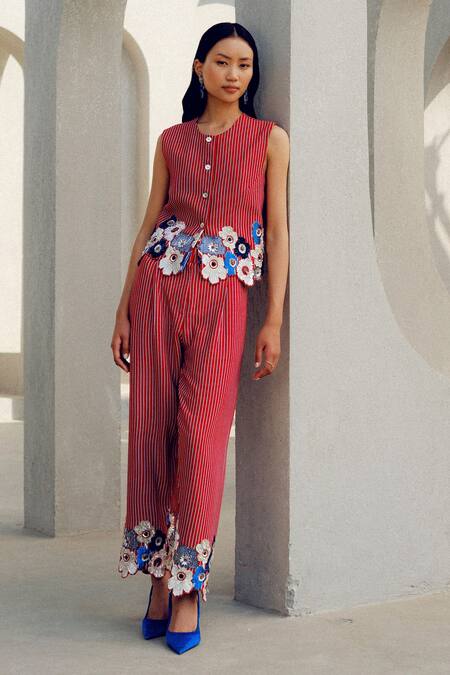 Buy Pooja Rajgarhia Gupta Red Crepe Embroidery Striped Floral Pant Online at Aza Fashions Buy_Pooja Rajgarhia Gupta_Red Crepe Embroidery Striped Floral Pant _Online_at_Aza_Fashions