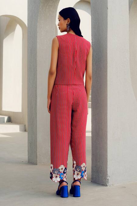 Shop Pooja Rajgarhia Gupta Red Crepe Embroidery Striped Floral Pant at Aza Fashions Shop_Pooja Rajgarhia Gupta_Red Crepe Embroidery Striped Floral Pant _at_Aza_Fashions