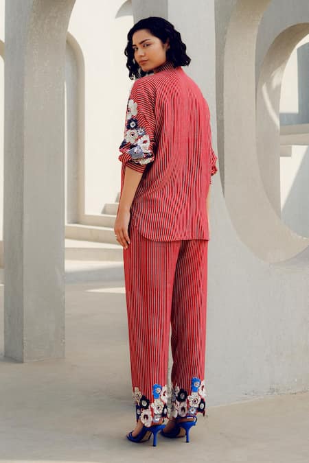Shop Pooja Rajgarhia Gupta Red Crepe Embroidery Striped Pant Set at Aza Fashions Shop_Pooja Rajgarhia Gupta_Red Crepe Embroidery Striped Pant Set _at_Aza_Fashions