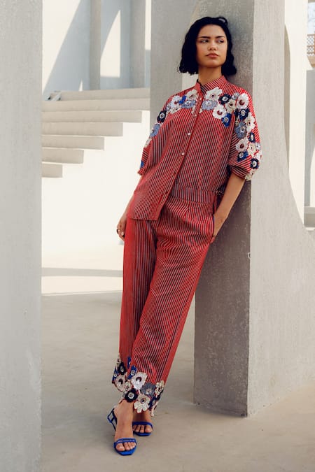 Pooja Rajgarhia Gupta Red Crepe Embroidery Striped Pant Set Online at Aza Fashions Pooja Rajgarhia Gupta_Red Crepe Embroidery Striped Pant Set _Online_at_Aza_Fashions