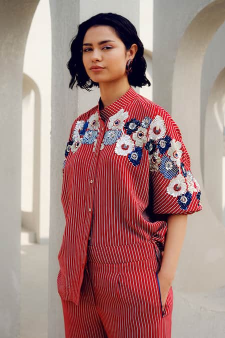 Buy Pooja Rajgarhia Gupta Red Crepe Embroidery Striped Pant Set Online at Aza Fashions Buy_Pooja Rajgarhia Gupta_Red Crepe Embroidery Striped Pant Set _Online_at_Aza_Fashions