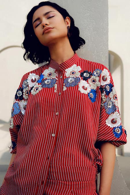 Shop Pooja Rajgarhia Gupta Red Crepe Embroidery Striped Pant Set Online at Aza Fashions Shop_Pooja Rajgarhia Gupta_Red Crepe Embroidery Striped Pant Set _Online_at_Aza_Fashions