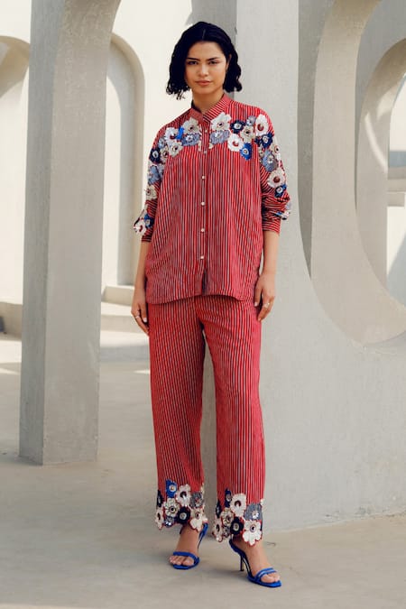 Buy Pooja Rajgarhia Gupta Red Crepe Embroidery Striped Pant Set Buy_Pooja Rajgarhia Gupta_Red Crepe Embroidery Striped Pant Set