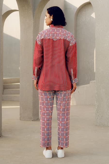 Shop_Pooja Rajgarhia Gupta_Red Crepe Collared Designer Shirt _at_Aza_Fashions