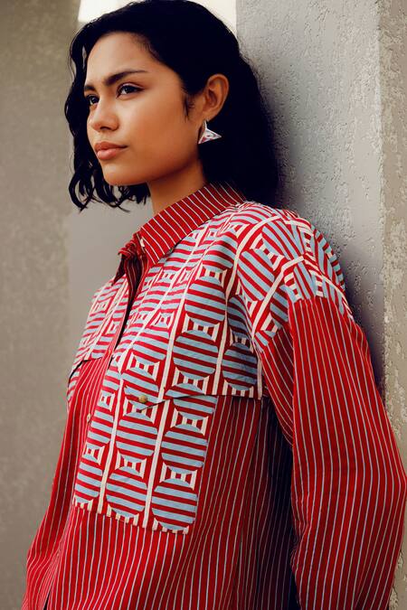 Pooja Rajgarhia Gupta_Red Crepe Collared Designer Shirt _Online_at_Aza_Fashions