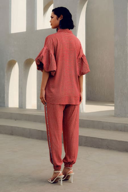 Shop Pooja Rajgarhia Gupta Red Crepe Embroidery Collared Designer Pant Set at Aza Fashions Shop_Pooja Rajgarhia Gupta_Red Crepe Embroidery Collared Designer Pant Set _at_Aza_Fashions