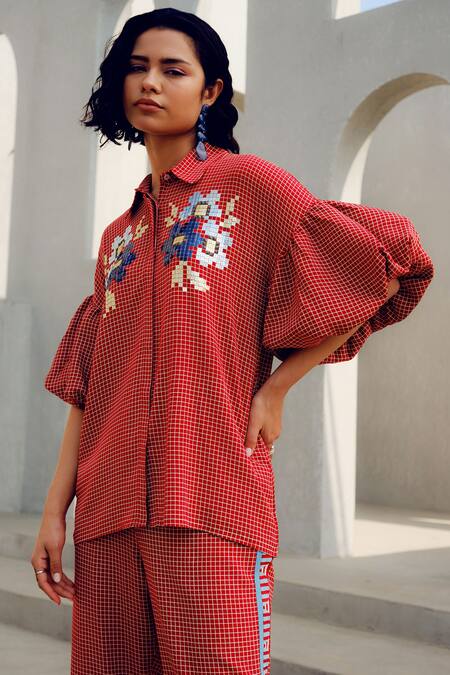 Pooja Rajgarhia Gupta Red Crepe Embroidery Collared Designer Pant Set Online at Aza Fashions Pooja Rajgarhia Gupta_Red Crepe Embroidery Collared Designer Pant Set _Online_at_Aza_Fashions