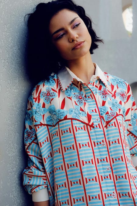 Buy Pooja Rajgarhia Gupta Off White Georgette Collared Floral Print Shirt Online at Aza Fashions Buy_Pooja Rajgarhia Gupta_Off White Georgette Collared Floral Print Shirt _Online_at_Aza_Fashions