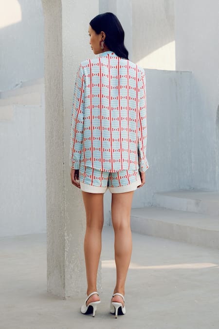 Shop_Pooja Rajgarhia Gupta_Off White Georgette Embroidery Collared Floral Print Designer Shirt _at_Aza_Fashions