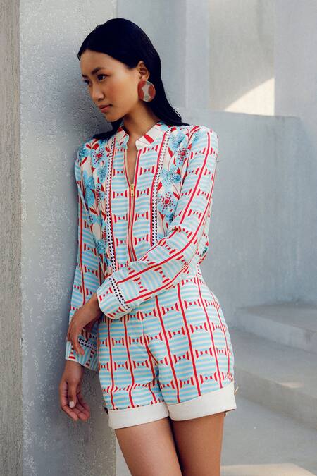 Buy_Pooja Rajgarhia Gupta_Off White Georgette Embroidery Collared Floral Print Designer Shirt _Online_at_Aza_Fashions