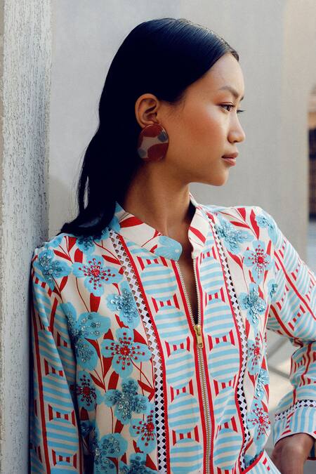 Shop_Pooja Rajgarhia Gupta_Off White Georgette Embroidery Collared Floral Print Designer Shirt _Online_at_Aza_Fashions