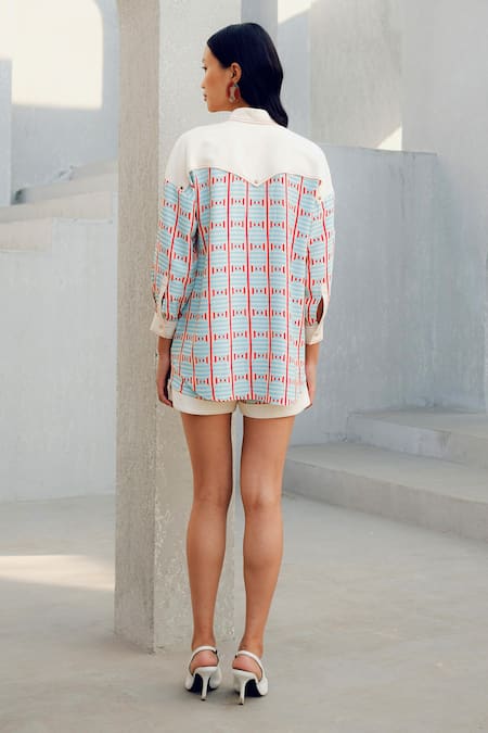 Shop_Pooja Rajgarhia Gupta_Off White Georgette Collared Geometric Print And Blue Shirt _at_Aza_Fashions